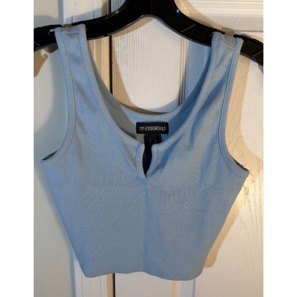 SWS Essentials Women's Small Baby Blue Ribbed Split Neck Crop Tank Top Y2K